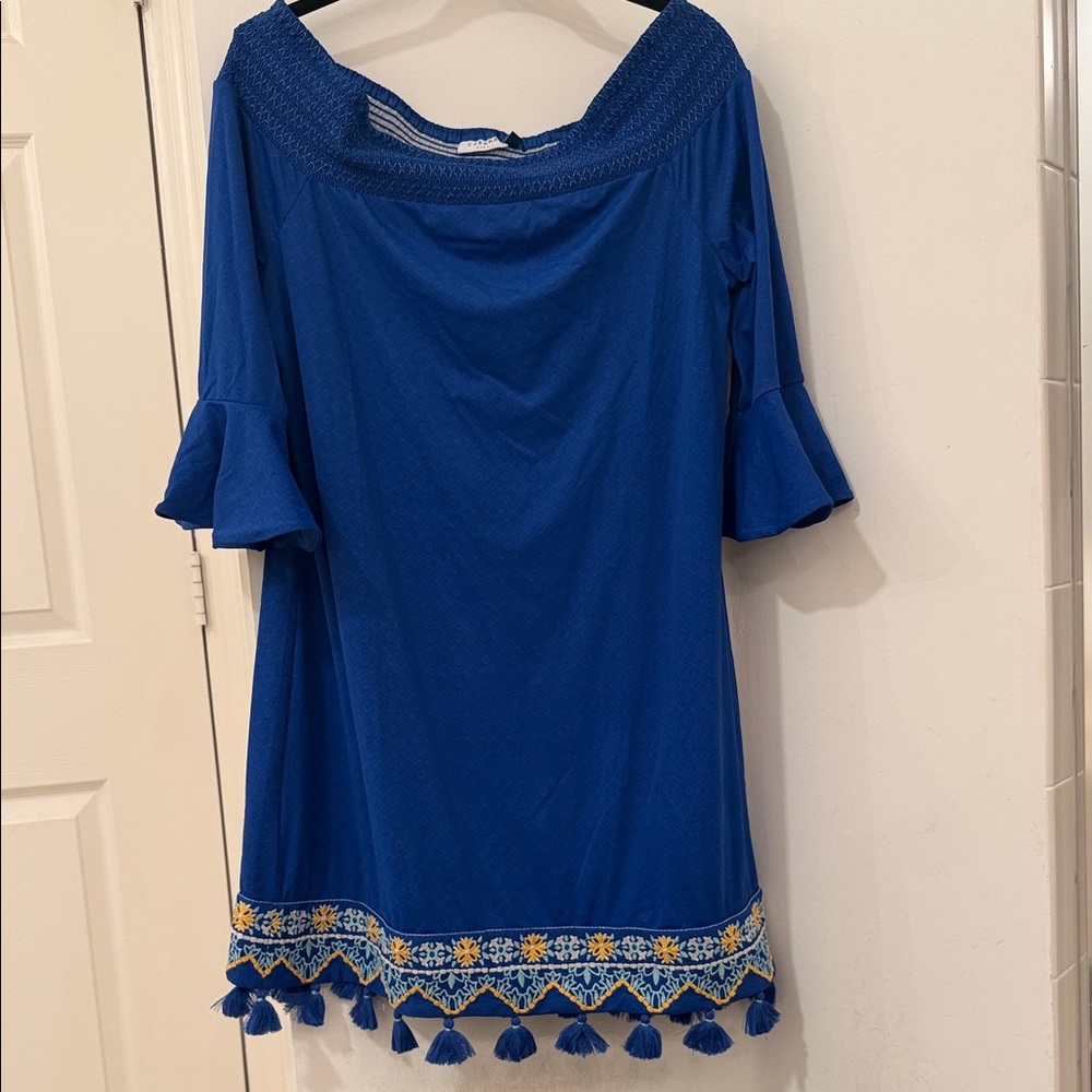 Cabana Life Royal Blue Off-Shoulder Dress with Embroidered Hem